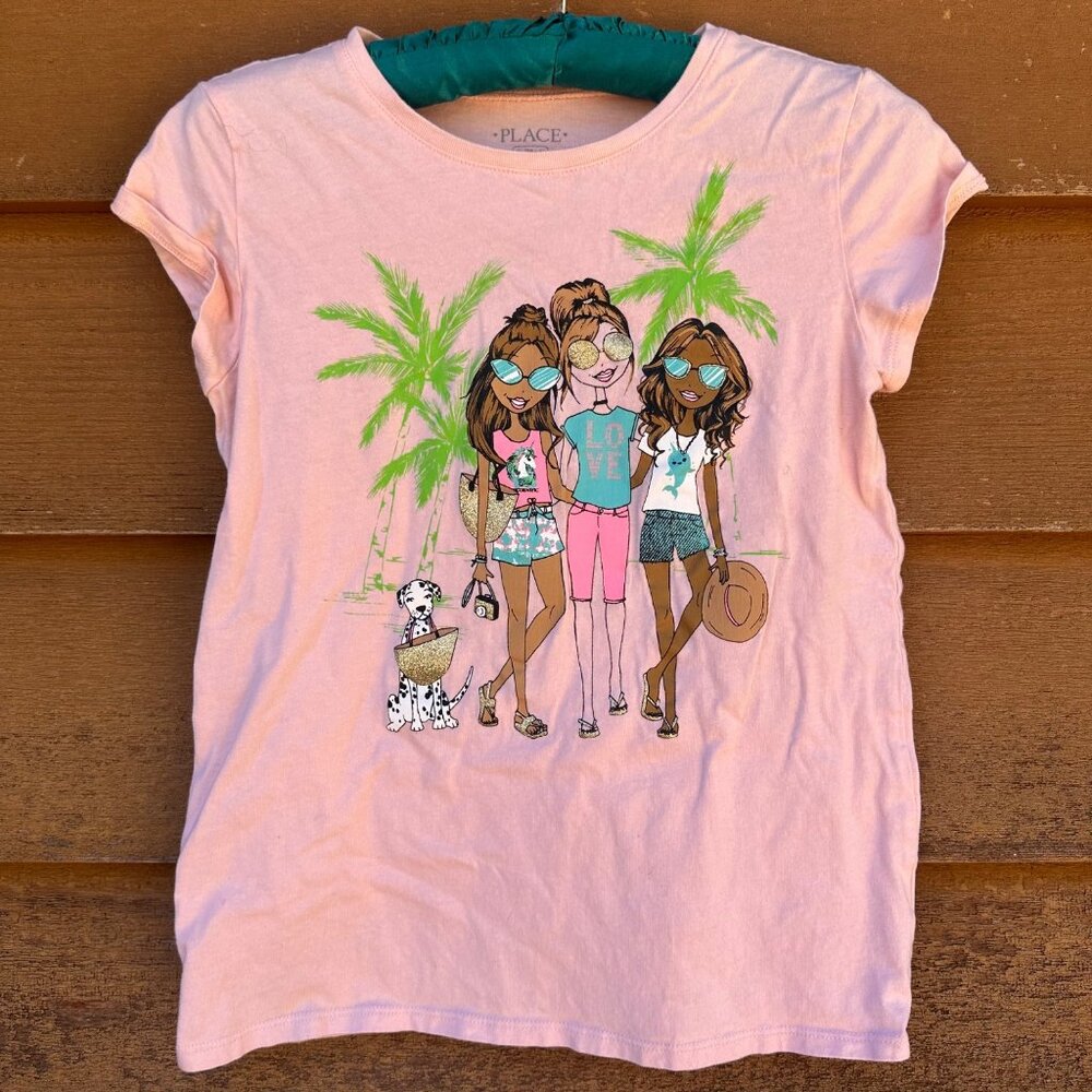 Childrens Place Girls Pink Graphic Tee Size XL 14 With Tropical Palm & Friends D